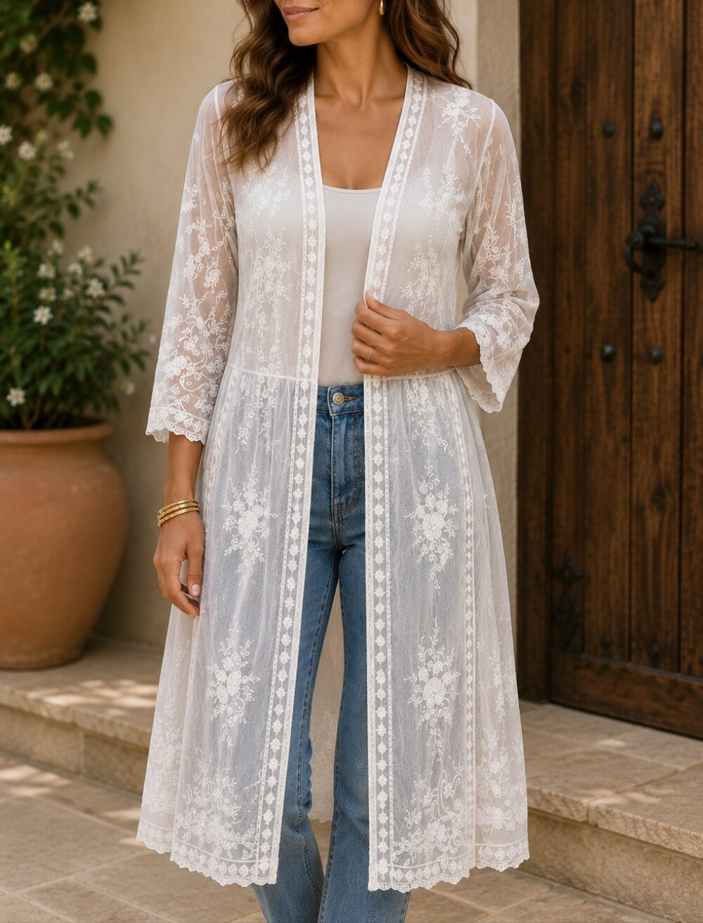 White Floral Embroidered Lace Kimono Cardigan Duster Open Front Boho Cover Up